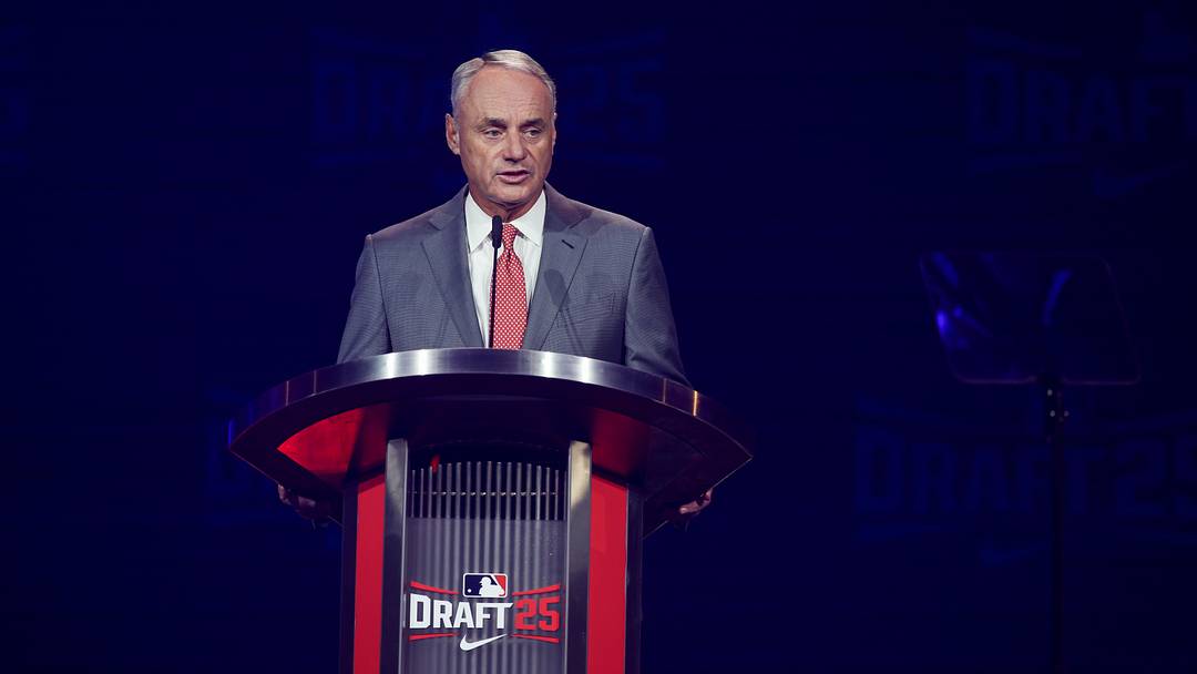 Jul 13, 2025; Atlanta, GA, USA; MLB Commissioner Rob Manfred opens the MLB Draft at The Coca-Cola Roxy. Mandatory Credit: Brett Davis-Imagn Images