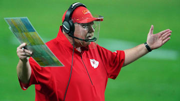 Nov 22, 2020; Paradise, Nevada, USA; Kansas City Chiefs head coach Andy Reid reacts against the Las Vegas Raiders during the second half at Allegiant Stadium. Mandatory Credit: Kirby Lee-Imagn Images