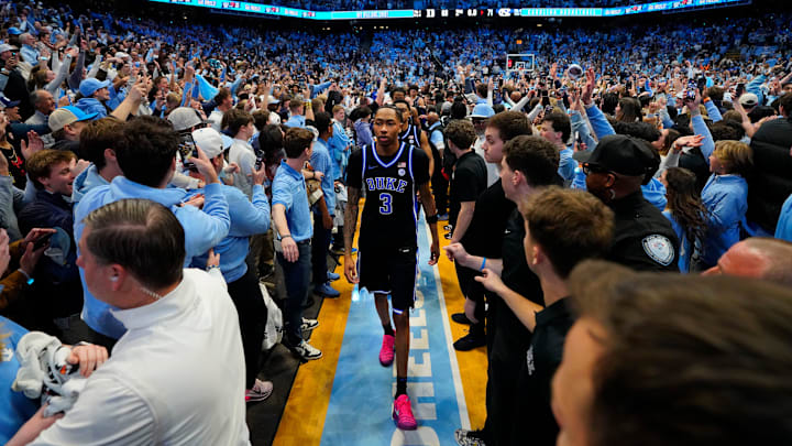 Feb 7, 2026; Chapel Hill, North Carolina, USA; Duke Blue Devils guard Isaiah Evans (3) leaves the floor after the game at Dean E. Smith Center. 
