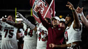 South Carolina Gamecocks head coach Shane Beamer sings the fight song with his team towards the fans after their win against Vanderbilt Commodores at FirstBank Stadium in Nashville, Tenn., Saturday, Nov. 9, 2024.
