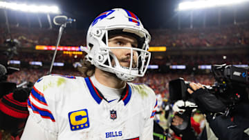 Jan 26, 2025; Kansas City, MO, USA; Buffalo Bills quarterback Josh Allen (17) reacts as he walks off the field after losing to the Kansas City Chiefs during the AFC Championship game at GEHA Field at Arrowhead Stadium. Mandatory Credit: Mark J. Rebilas-Imagn Images
