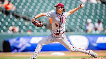 May 24, 2024; Charlotte, NC, USA; Florida State Seminoles pitcher Jamie Arnold (16) in the third inning against the Virginia Cavaliers during the ACC Baseball Tournament at Truist Field. Mandatory Credit: Scott Kinser-Imagn Images