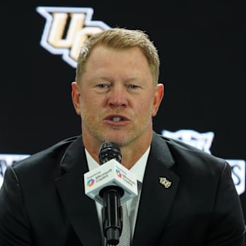 Jul 8, 2025; Frisco, TX, USA; UCF head coach Scott Frost addresses the media during 2025 Big 12 Football Media Days at The Star. Mandatory Credit: Raymond Carlin III-Imagn Images