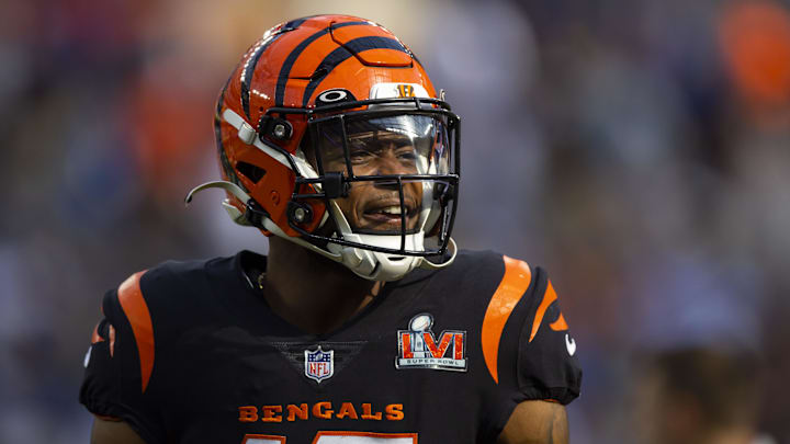 Feb 13, 2022; Inglewood, CA, USA; Cincinnati Bengals wide receiver Stanley Morgan (17) against the Los Angeles Rams during Super Bowl LVI at SoFi Stadium. Mandatory Credit: Mark J. Rebilas-Imagn Images