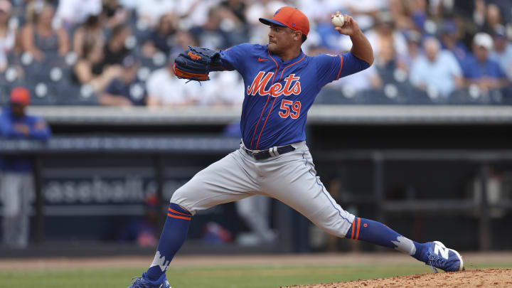 Mar 25, 2024; Tampa, Florida, USA;  New York Mets relief pitcher Sean Manaea (59) throws a pitch