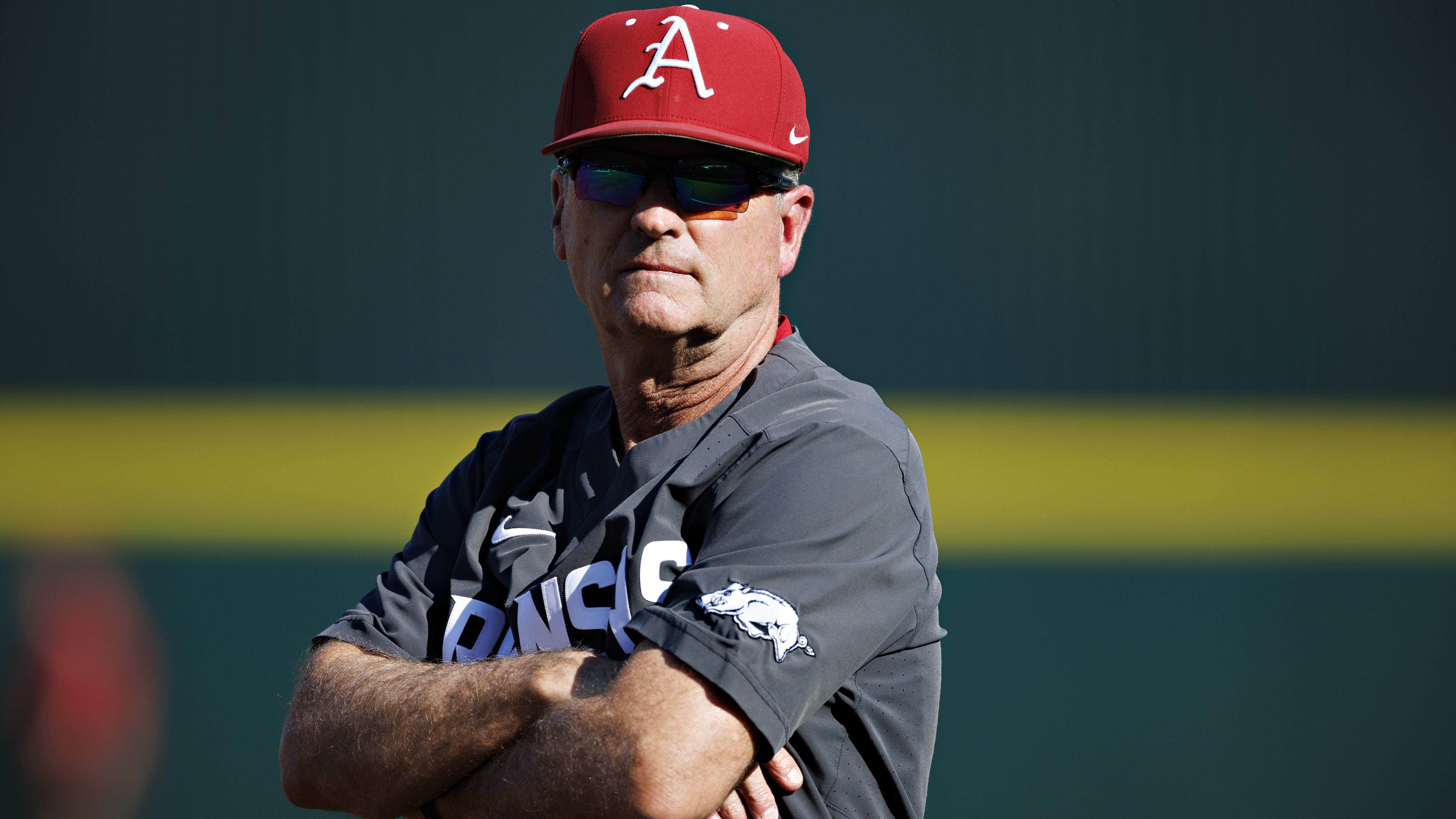 Arkansas coach Dave Van Horn looks on during warm-ups.