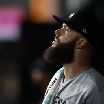 Sep 2, 2023; Arlington, Texas, USA; Minnesota Twins starting pitcher Dallas Keuchel (60) in the dugout during the game against the Texas Rangers at Globe Life Field.