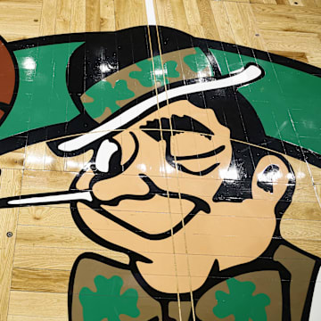 Mar 5, 2025; Boston, Massachusetts, USA: The Boston Celtics logo is seen on the court before the game between the Boston Celtics and the Portland Trail Blazers at TD Garden. Mandatory Credit: Winslow Townson-Imagn Images