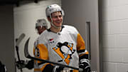 Jan 27, 2025; San Jose, California, USA;  Pittsburgh Penguins right winger Jesse Puljujarvi (18) walks out to the ice during pre-game warms up against the San Jose Sharks at SAP Center at San Jose. Mandatory Credit: David Gonzales-Imagn Images