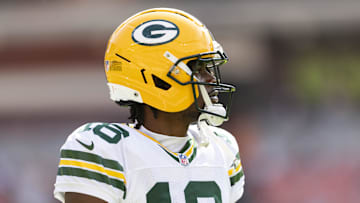 Green Bay Packers wide receiver Malik Heath (18) during warmups before the game against the Cleveland Browns at Huntington Bank Field.