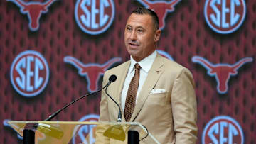 July 15, 2025; Atlanta, GA, USA; Texas head coach Steve Sarkisian speaks during SEC Media Days at the College Football Hall of Fame in Atlanta.