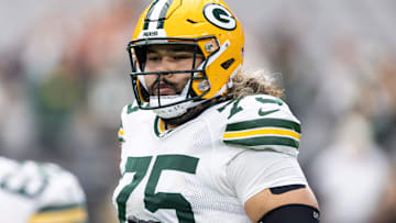 Oct 19, 2025; Glendale, Arizona, USA; Green Bay Packers guard Sean Rhyan (75) against the Arizona Cardinals at State Farm Stadium. Mandatory Credit: Mark J. Rebilas-Imagn Images
