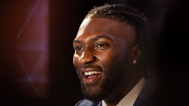 Jul 18, 2024; Dallas, TX, USA; Texas A&M defensive lineman Shemar Turner speaks to the media at Omni Dallas Hotel. Mandatory Credit: Brett Patzke-Imagn Images
