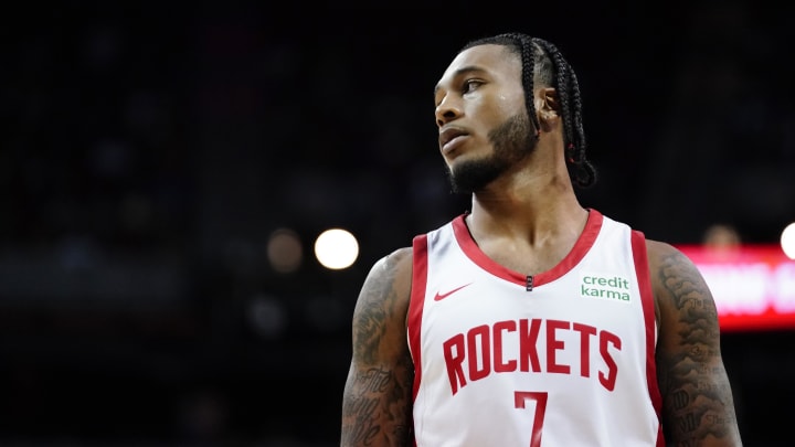 Jul 7, 2023; Las Vegas, NV, USA; Houston Rockets forward Cam Whitmore (7) during a game against the Portland Trail Blazers during the second half at Thomas & Mack Center. Mandatory Credit: Lucas Peltier-USA TODAY Sports