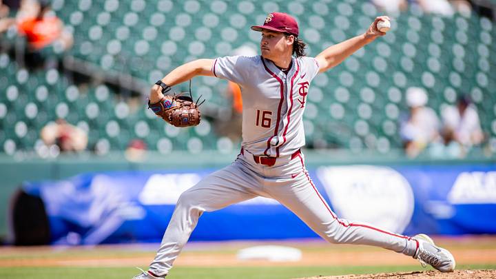 May 24, 2024; Charlotte, NC, USA; Florida State Seminoles pitcher Jamie Arnold (16) in the third inning against the Virginia Cavaliers during the ACC Baseball Tournament at Truist Field. Mandatory Credit: Scott Kinser-Imagn Images