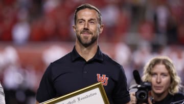 Aug 29, 2024; Salt Lake City, Utah, USA; Former NFL and Utah quarterback Alex Smith is introduced into the circle of honor during halftime in the game between the Utah Utes and the Southern Utah Thunderbirds at Rice-Eccles Stadium. Mandatory Credit: Rob Gray-USA TODAY Sports