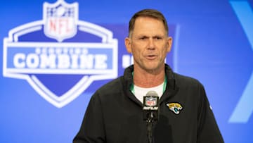 Feb 27, 2024; Indianapolis, IN, USA; Jacksonville Jaguars general manager Trent Baalke talks to the media at the 2024 NFL Combine at Indiana Convention Center. Mandatory Credit: Trevor Ruszkowski-Imagn Images