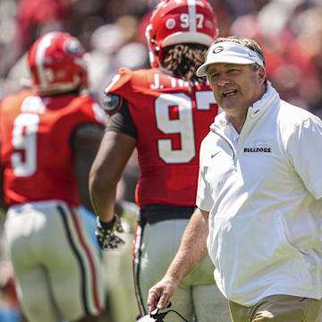 Apr 12, 2025; Athens, GA, USA; Georgia Bulldogs head coach Kirby Smart shown during the Georgia Spring game at Sanford Stadium. Mandatory Credit: Dale Zanine-Imagn Images