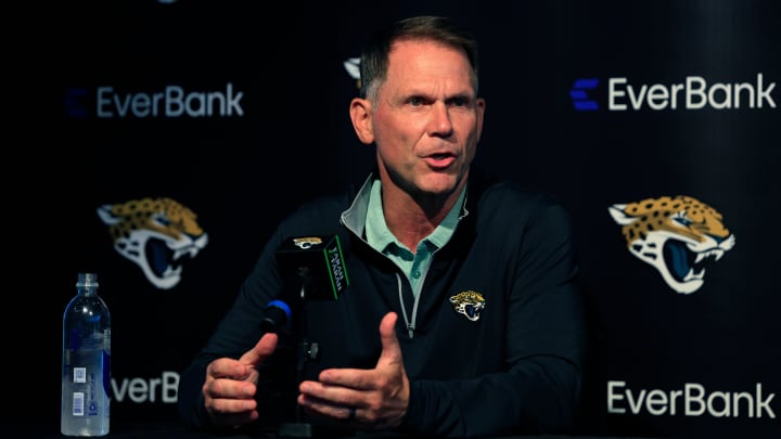 Jacksonville Jaguars general manager Trent Baalke speaks during a press conference Friday, April 26, 2024 at EverBank Stadium’s Miller Electric Center in Jacksonville, Fla. Jacksonville Jaguars selected LSU’s wide receiver Brian Thomas Jr. as the 23rd overall pick in last night’s NFL Draft. [Corey Perrine/Florida Times-Union]