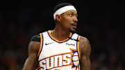 Oct 28, 2024; Phoenix, Arizona, USA; Phoenix Suns guard Bradley Beal (3) against the Los Angeles Lakers at Footprint Center. Mandatory Credit: Mark J. Rebilas-Imagn Images
