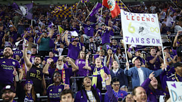 Nov 24, 2024; Orlando, Florida, USA; Orlando City fans cheer following a win over Atlanta United in a 2024 MLS Cup conference semifinal match at Inter&Co Stadium. Mandatory Credit: Nathan Ray Seebeck-Imagn Images