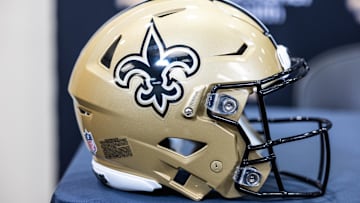 Mar 11, 2023; Metairie, LA, USA;  Detailed view of New Orleans Saints helmet at Ochsner Sports Performance Center. Mandatory Credit: Stephen Lew-Imagn Images