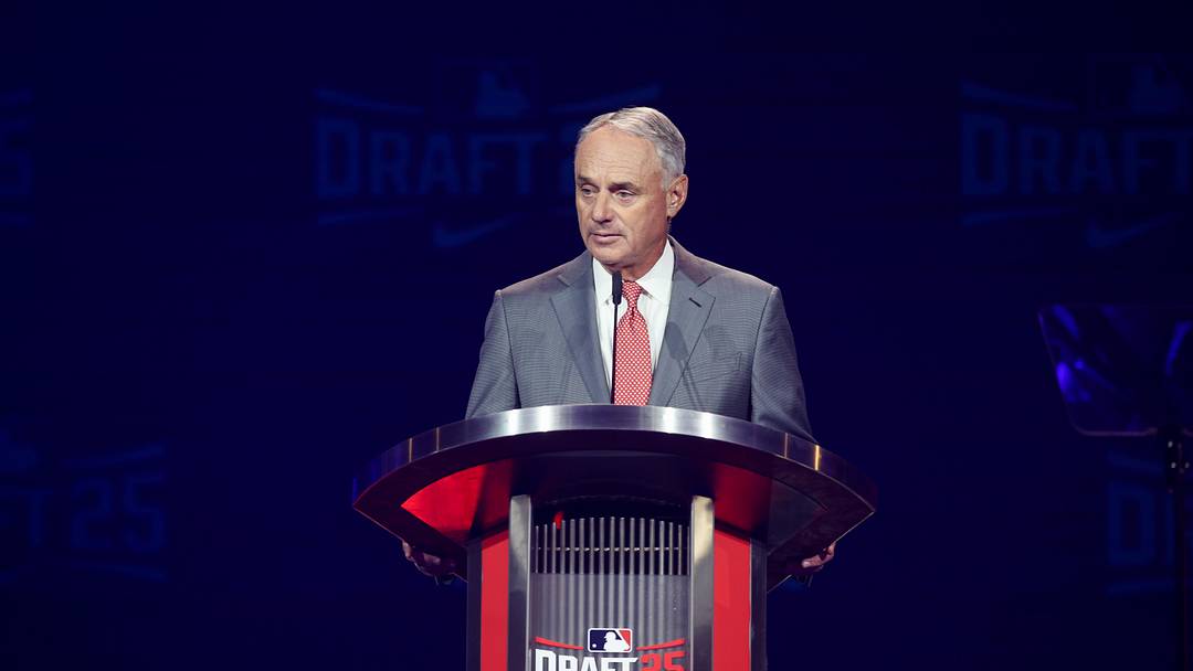 Jul 13, 2025; Atlanta, GA, USA; MLB Commissioner Rob Manfred opens the MLB Draft at The Coca-Cola Roxy. Mandatory Credit: Brett Davis-Imagn Images