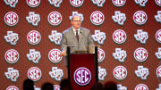 Jul 18, 2024; Dallas, TX, USA; Texas A&M head coach Mike Elko speaking at Omni Dallas Hotel. Mandatory Credit: Brett Patzke-USA TODAY Sports