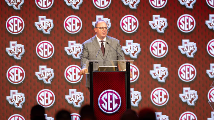 Jul 18, 2024; Dallas, TX, USA; Texas A&M head coach Mike Elko speaking at Omni Dallas Hotel. Mandatory Credit: Brett Patzke-USA TODAY Sports