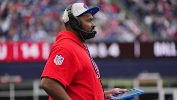 Oct 13, 2024; Foxborough, Massachusetts, USA; New England Patriots head coach Jerod Mayo looks on from the sidelines during the first half against the Houston Texans at Gillette Stadium.