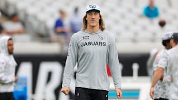 Jacksonville Jaguars quarterback Trevor Lawrence (16) walks on the field before an NFL football matchup Sunday, Nov. 10, 2024 at Everbank Stadium in Jacksonville, Fla.