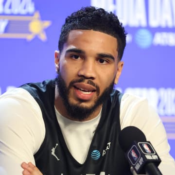 Feb 17, 2024; Indianapolis, IN, USA;  Eastern Conference forward Jayson Tatum (0) of the Boston Celtics talk to the press during NBA All Star practice at Gainbridge Fieldhouse. Mandatory Credit: Trevor Ruszkowski-USA TODAY Sports