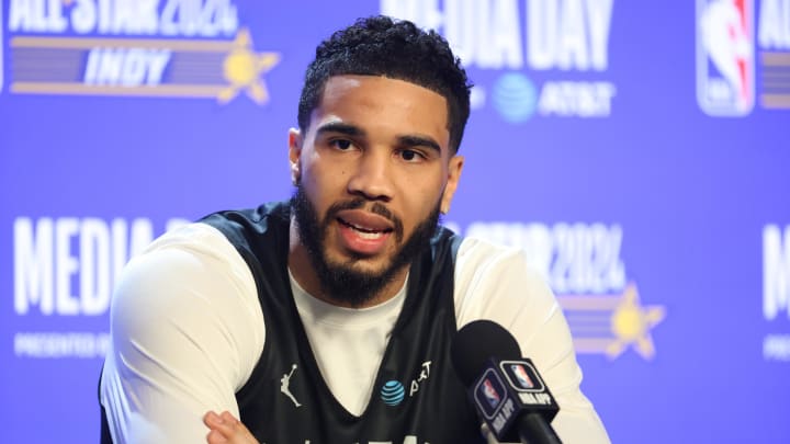 Feb 17, 2024; Indianapolis, IN, USA;  Eastern Conference forward Jayson Tatum (0) of the Boston Celtics talk to the press during NBA All Star practice at Gainbridge Fieldhouse. Mandatory Credit: Trevor Ruszkowski-USA TODAY Sports