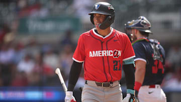Jul 12, 2025; Atlanta, GA, USA;  American League infielder Kevin McGonigle (21) reacts at bat during the second inning against National League of the Detroit Tigers reacts after  at Truist Park. Mandatory Credit: Brett Davis-Imagn Images