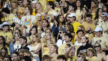 Sep 27, 2025; Boulder, Colorado, USA; General view of the Colorado Buffaloes student section during the first quarter against the Brigham Young Cougars at Folsom Field. Mandatory Credit: Ron Chenoy-Imagn Images
