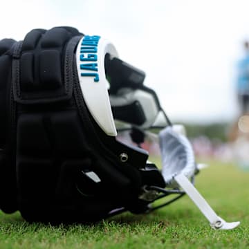 The helmet of Jacksonville Jaguars wide receiver Joshua Cephus (19) lies on the turf during a combined NFL football training camp session between the Tampa Bay Buccaneers and Jacksonville Jaguars Thursday, Aug. 15, 2024 at EverBank Stadium’s Miller Electric Center in Jacksonville, Fla. [Corey Perrine/Florida Times-Union]