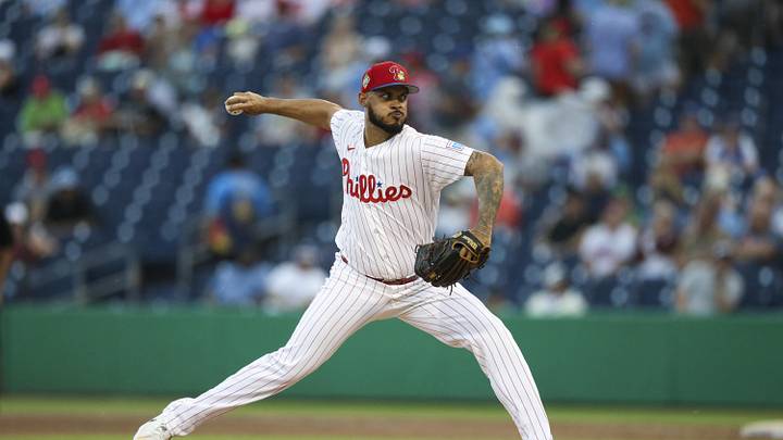 Mar 12, 2026; Clearwater, Florida, USA; Philadelphia Phillies pitcher Jonathan Hernandez (72) throws a pitch against the Toronto Blue Jays in the eighth inning during spring training at BayCare Ballpark. Mandatory Credit: Nathan Ray Seebeck-Imagn Images