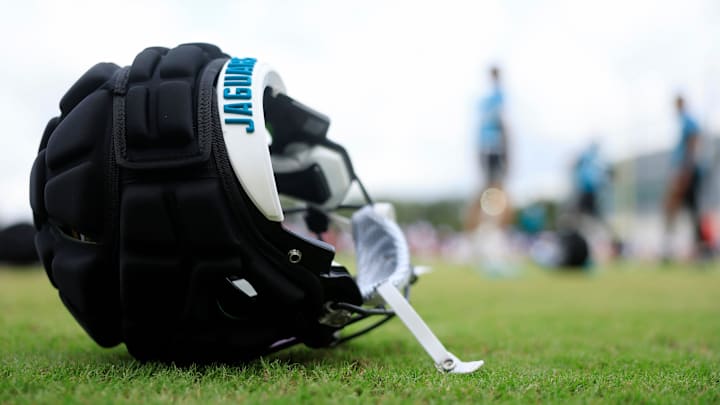 The helmet of Jacksonville Jaguars wide receiver Joshua Cephus (19) lies on the turf during a combined NFL football training camp session between the Tampa Bay Buccaneers and Jacksonville Jaguars Thursday, Aug. 15, 2024 at EverBank Stadium’s Miller Electric Center in Jacksonville, Fla. [Corey Perrine/Florida Times-Union]