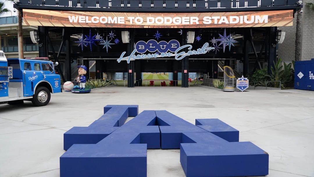 Apr 22, 2021; Los Angeles, California, USA; A general overall view of the  Los Angeles Dodgers LA logo outside the outfield pavilion at Dodger Stadium. Mandatory Credit: Kirby Lee-USA TODAY Sports