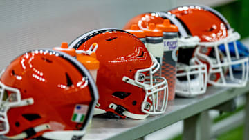 Nov 17, 2024; New Orleans, Louisiana, USA;  Detailed view of the Cleveland Browns helmets on a time out against the New Orleans Saints during the first half at Caesars Superdome.