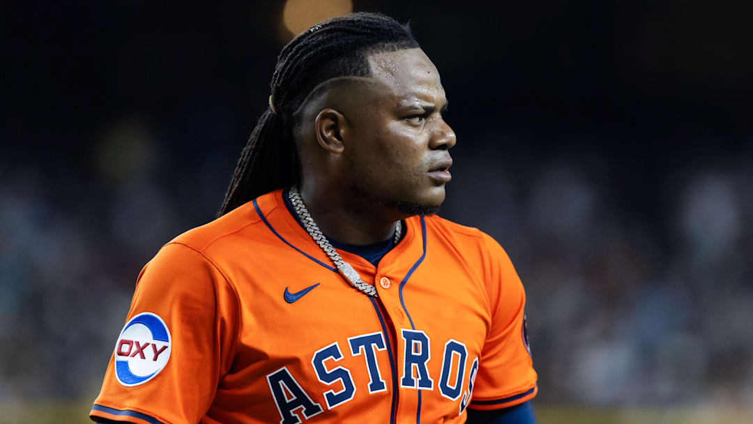 Jul 22, 2025; Phoenix, Arizona, USA; Houston Astros pitcher Framber Valdez against the Arizona Diamondbacks at Chase Field. Mandatory Credit: Mark J. Rebilas-Imagn Images
