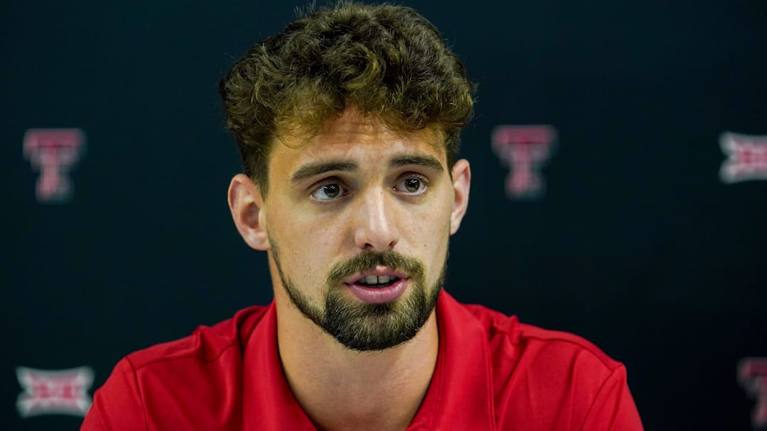 Jul 8, 2025; Frisco, TX, USA; Texas Tech defensive back Cole Wisniewski answers questions from the media during 2025 Big 12 Football Media Days at The Star. Mandatory Credit: Raymond Carlin III-Imagn Images
