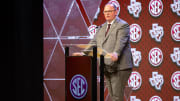 Jul 18, 2024; Dallas, TX, USA; Texas A&M head coach Mike Elko speaking at Omni Dallas Hotel. 