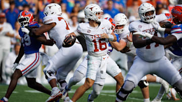 Oct 4, 2025; Gainesville, Florida, USA; Texas Longhorns quarterback Arch Manning (16) throws the ball in the pocket against the Florida Gators during the first half at Ben Hill Griffin Stadium. Mandatory Credit: Matt Pendleton-Imagn Images