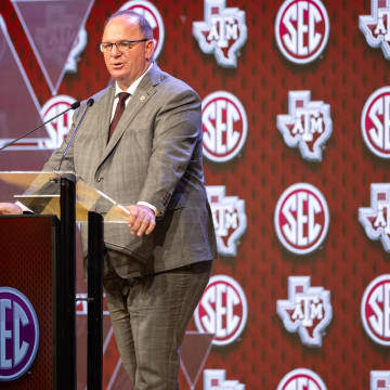 Jul 18, 2024; Dallas, TX, USA; Texas A&M head coach Mike Elko speaking at Omni Dallas Hotel. 