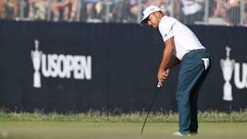 Jun 17, 2023; Los Angeles, California, USA; Xander Schauffele putts on the 9th green during the