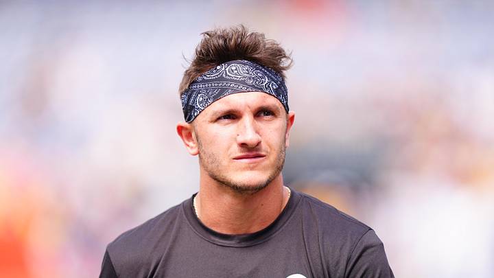 Sep 15, 2024; Denver, Colorado, USA; Pittsburgh Steelers wide receiver Scotty Miller (13) before the game against the Denver Broncos at Empower Field at Mile High. Mandatory Credit: Ron Chenoy-Imagn Images