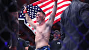 Mar 30, 2024; Atlantic City, New Jersey, USA; Chris Weidman (red gloves) celebrates after defeating Bruno Silva (not pictured) during UFC Fight Night at Boardwalk Hall. Mandatory Credit: Ed Mulholland-Imagn Images