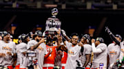 Dec 19, 2024; New Orleans, LA, USA;  Sam Houston State Bearkats wide receiver Ife Adeyi (2) holds up the trophy after the game against the Georgia Southern Eagles at Caesars Superdome. Mandatory Credit: Stephen Lew-Imagn Images