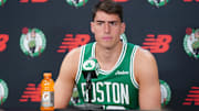Sep 29, 2025; Boston, MA, USA; Boston Celtics center Luka Garza (52) talks with reporters during media day at the Auerbach Center. Mandatory Credit: David Butler II-Imagn Images